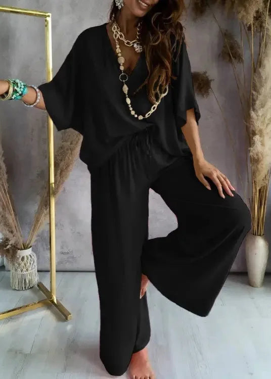 Conjunto Feminino Blusa e Calça Pantalona Decote em V