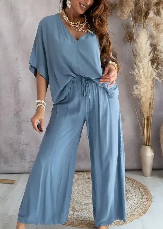 Conjunto Feminino Blusa e Calça Pantalona Decote em V