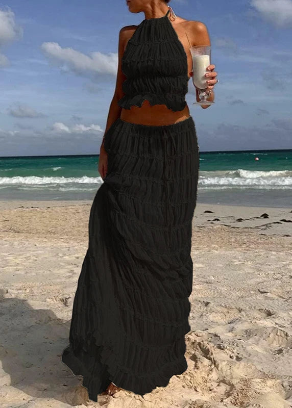 Conjunto Feminino Cropped e Saia Longa Franzido