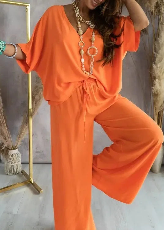 Conjunto Feminino Blusa e Calça Pantalona Decote em V