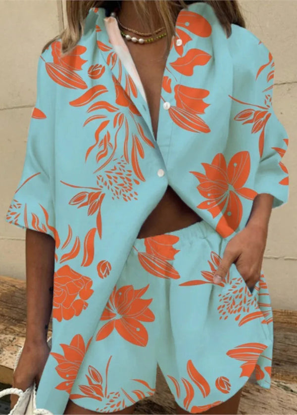 Conjunto Feminino Casual Estampado Camisa e Short