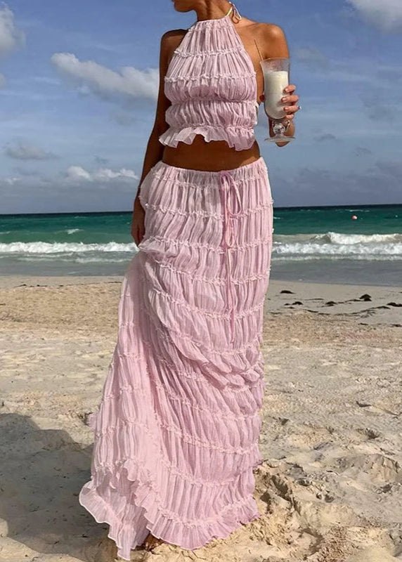 Conjunto Feminino Cropped e Saia Longa Franzido
