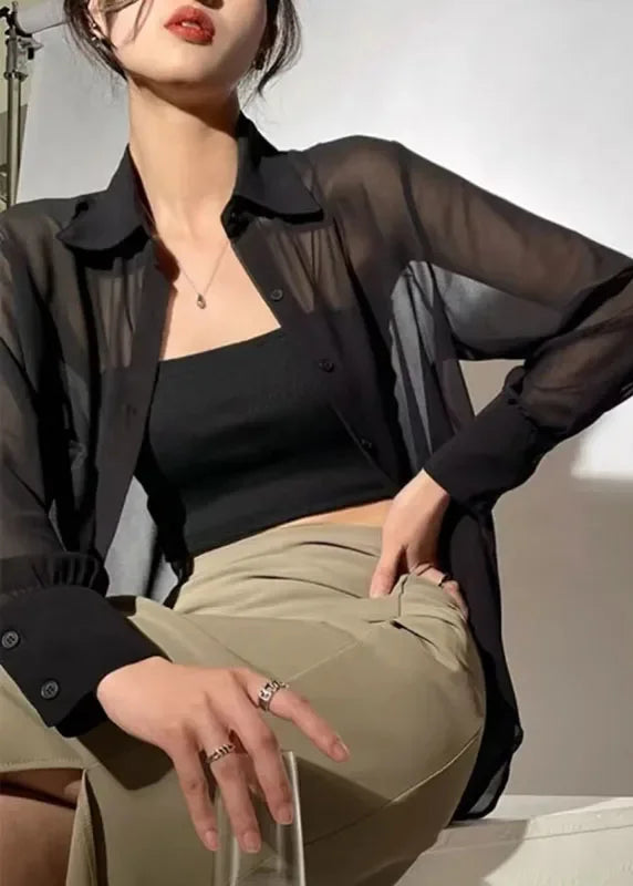 Camisa Feminina Transparente Manga Longa