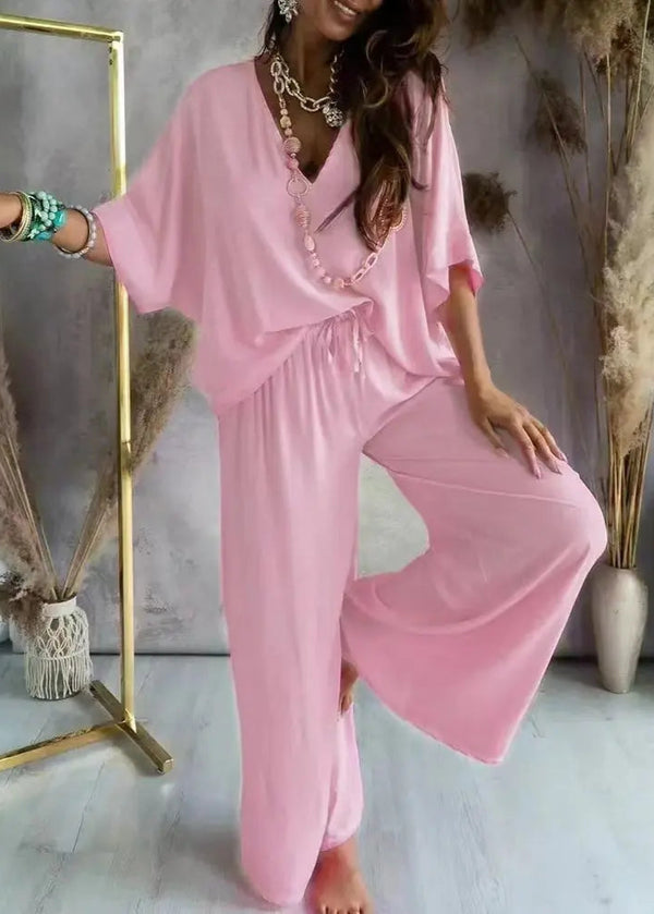 Conjunto Feminino Blusa e Calça Pantalona Decote em V