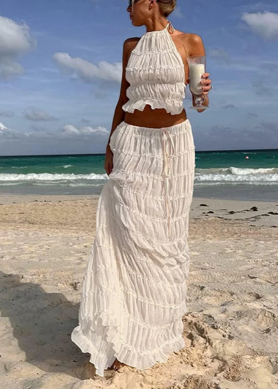 Conjunto Feminino Cropped e Saia Longa Franzido