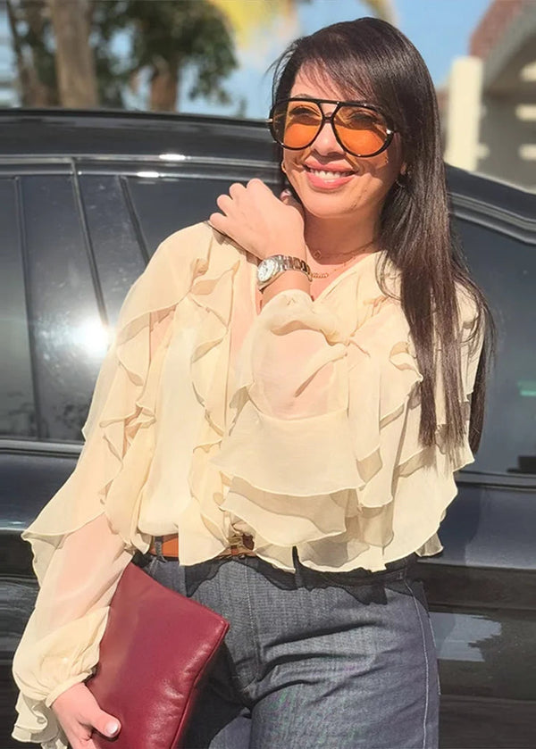Blusa Feminina Manga Longa em Chiffon Com Babado
