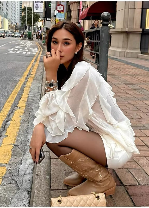 Blusa Feminina Manga Longa em Chiffon Com Babado