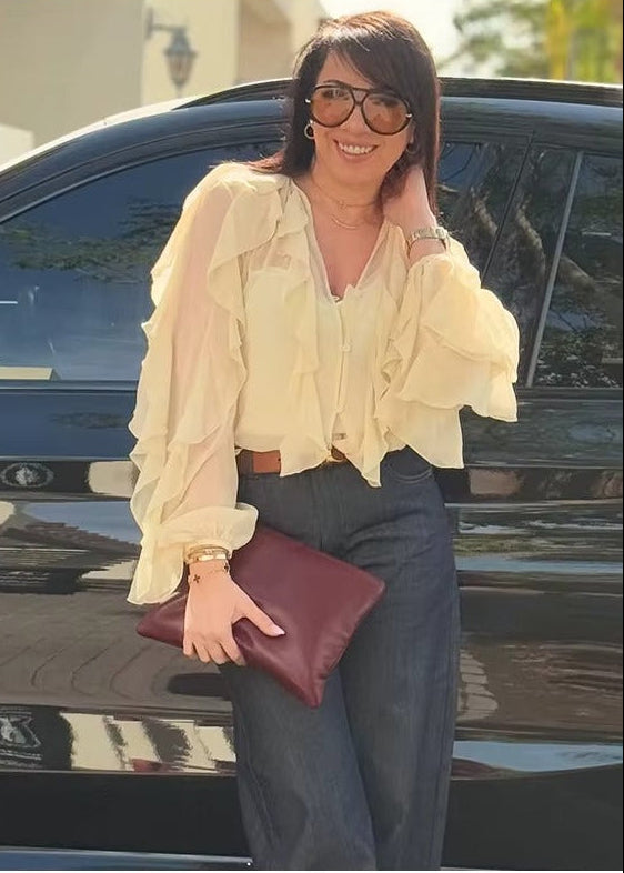 Blusa Feminina Manga Longa em Chiffon Com Babado