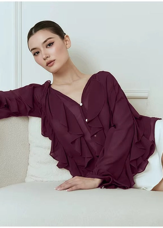 Blusa Feminina Manga Longa em Chiffon Com Babado