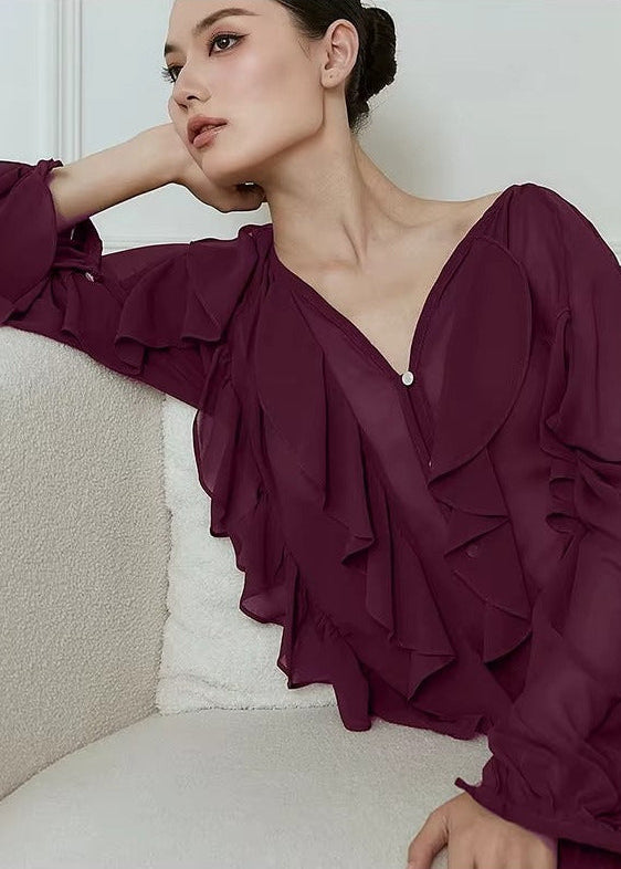 Blusa Feminina Manga Longa em Chiffon Com Babado