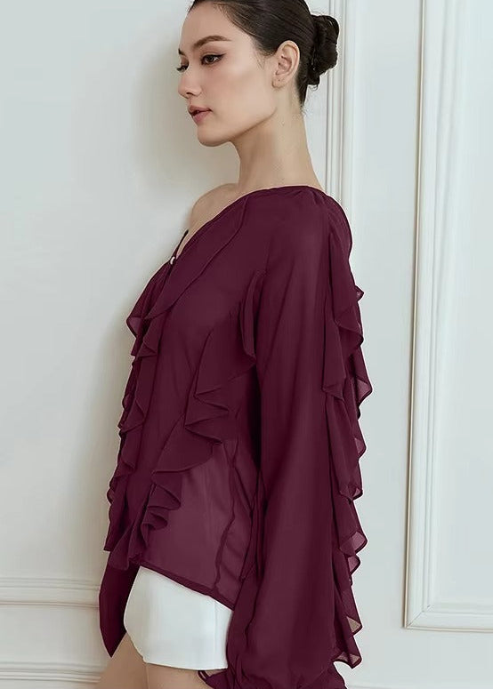Blusa Feminina Manga Longa em Chiffon Com Babado